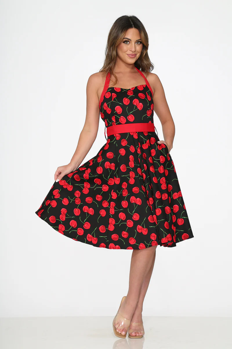 Sassy Pinup Cherry Halter Swing Dress Black Red