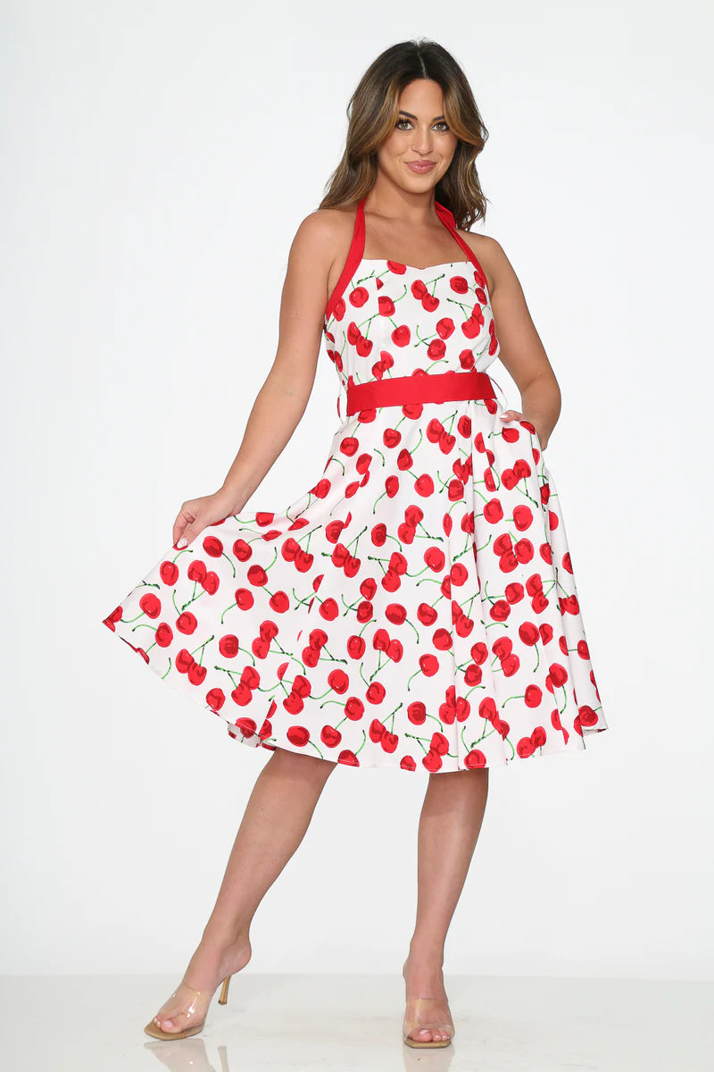 Sassy Pinup Cherry Halter Swing Dress White Red