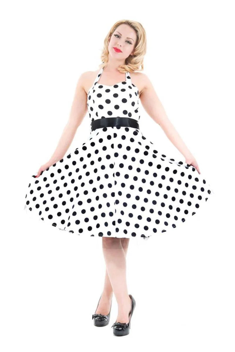 Sassy Pinup Polka Dot Halter Swing Dress White Black